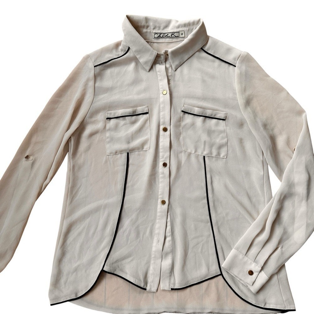 Chloe K‎ Button Down Blouse Womens Size S Cream Black Piping Excellent Chiffon